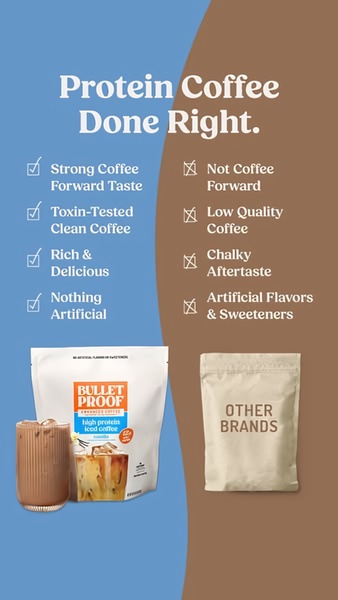 protein coffee, coffee protein, high protein coffee, protein drink, coffee supplement, functional coffee, protein beverage, brand awareness, modern typography, trustworthy, bold, blue, brown